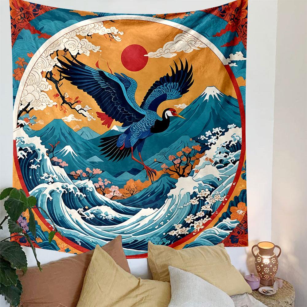 Japanese Crane and Mountain Landscape Patterned Tapestry Decorative Wall Hanging, Home Bedroom Living Room Decor