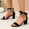 New Spring‑Summer Round‑Toe Block‑Heel Peep‑Toe Sandals, Imitation Pearl Plus‑Size Buckle Rhinestone Fashion Sandals