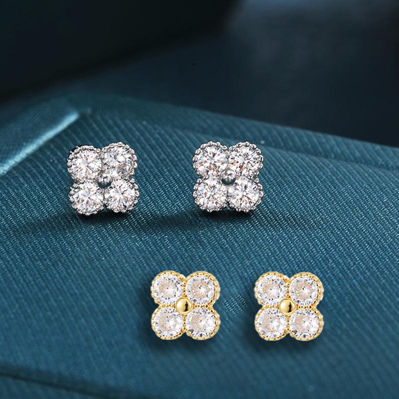 925 Silver Plated Four-leaf Clover Stud Earrings for Women Sparkling Shiny 5A Zircon Lucky Earrings Exquisite Banquet Jewelry