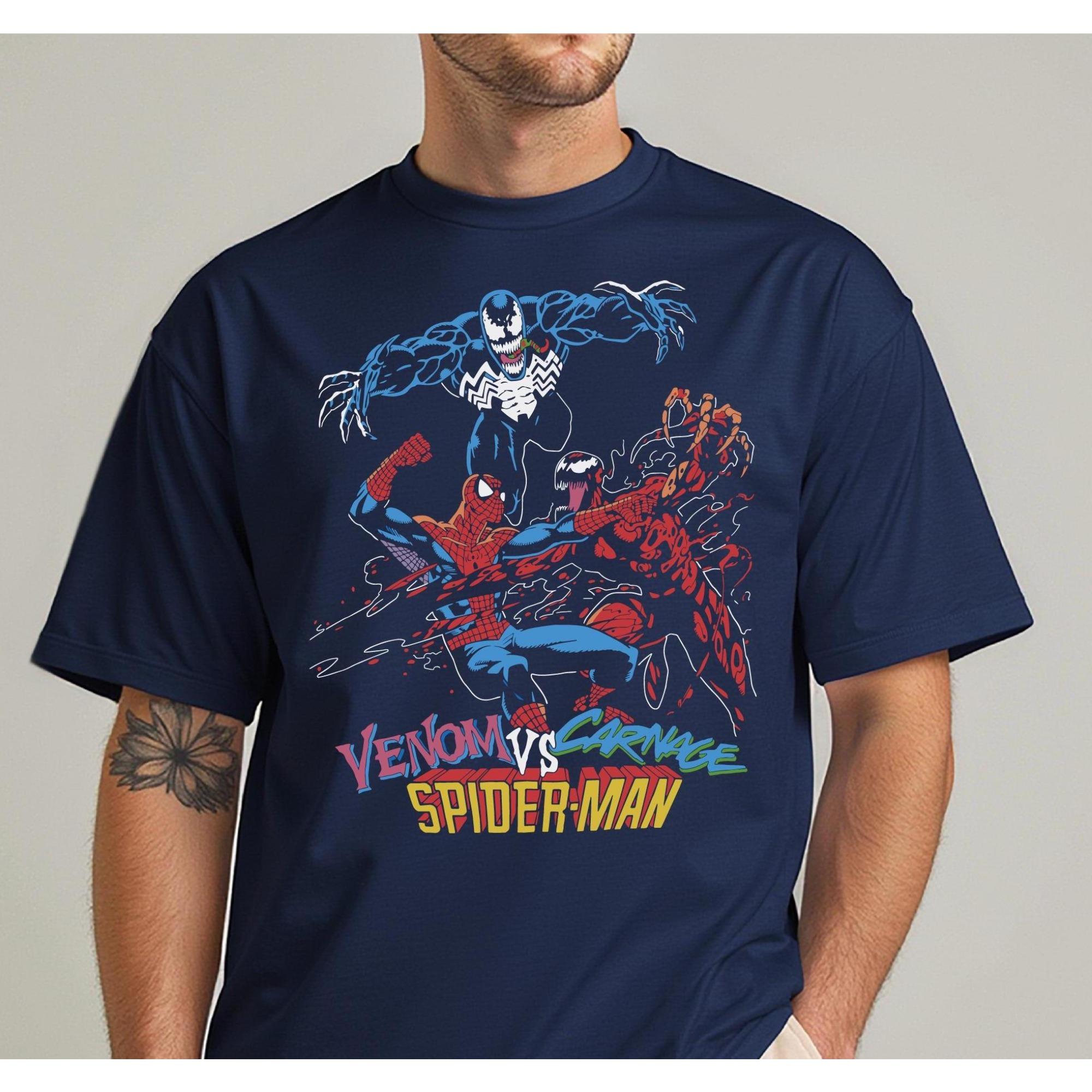 ZX SpiderMan Vs Venom Tshirt Vintage Comic Carnage Graphic Tee Men Cotton Short Sleeve Marvel Battle Scene Print Tops Harajuku S
