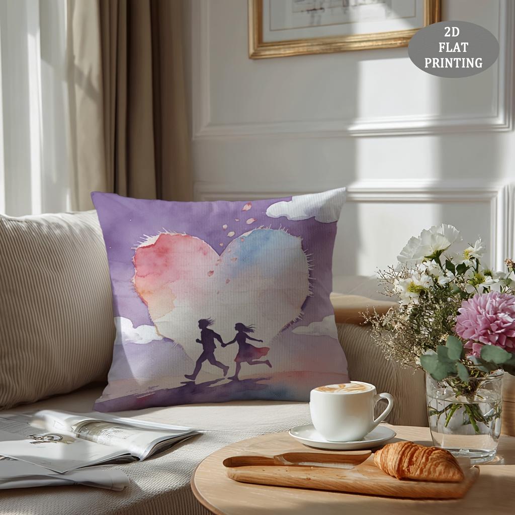 1pc Red Heart-Shaped Petal Pattern Plush Throw Pillow Cover | 2D Flat Printing, Single-Sided, 18x18 inch, Suitable for Sofa and Living Room Decor