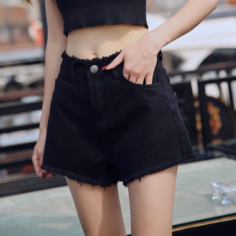 High-Waisted Elastic Denim A-Line Shorts for Women - Summer 2026 Collection, Loose Fit, Frayed Hem, Versatile and Slimming Design.