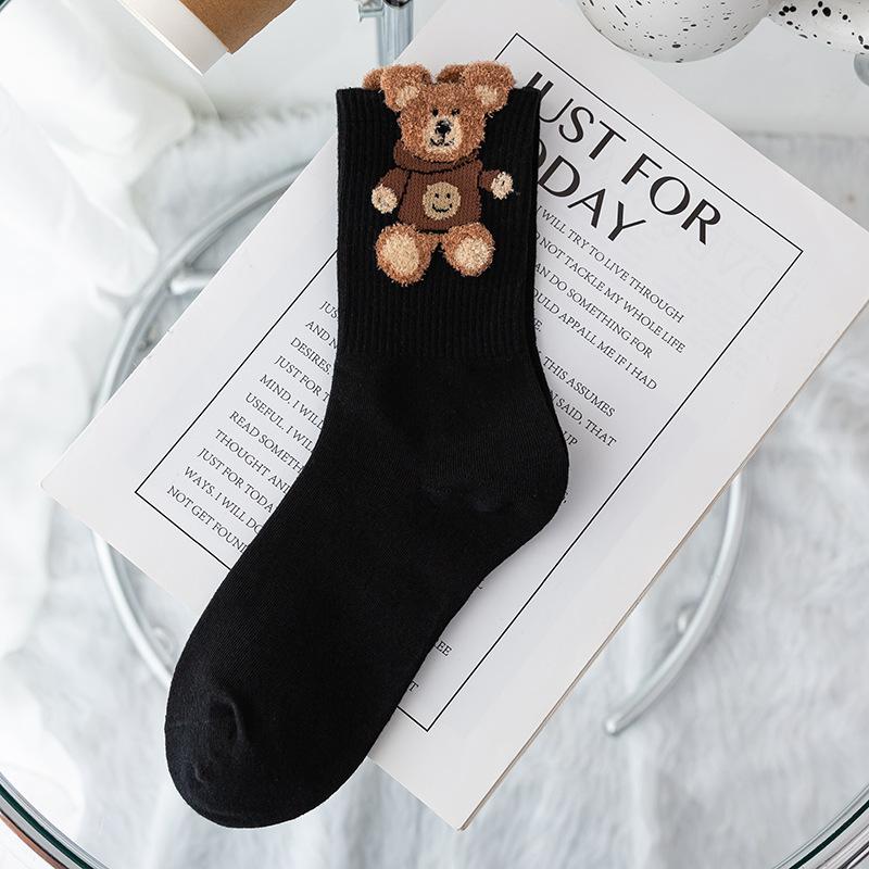 3 Pairs of Winter Warm Knit Socks for Women Men Feather Yarn Three-dimensional Bear Flower Socks Medium Tube Autumn and Winter New Combed Cotton Socks