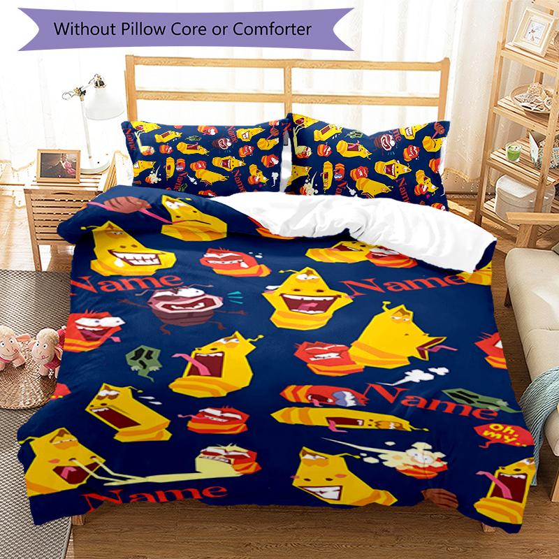3pcs Custom Name Cartoon Larva Bedding Set Duvet Cover Closure Includes 1 Duvet Cover & 2 Pillowcases for All Seasons Bedroom Decor