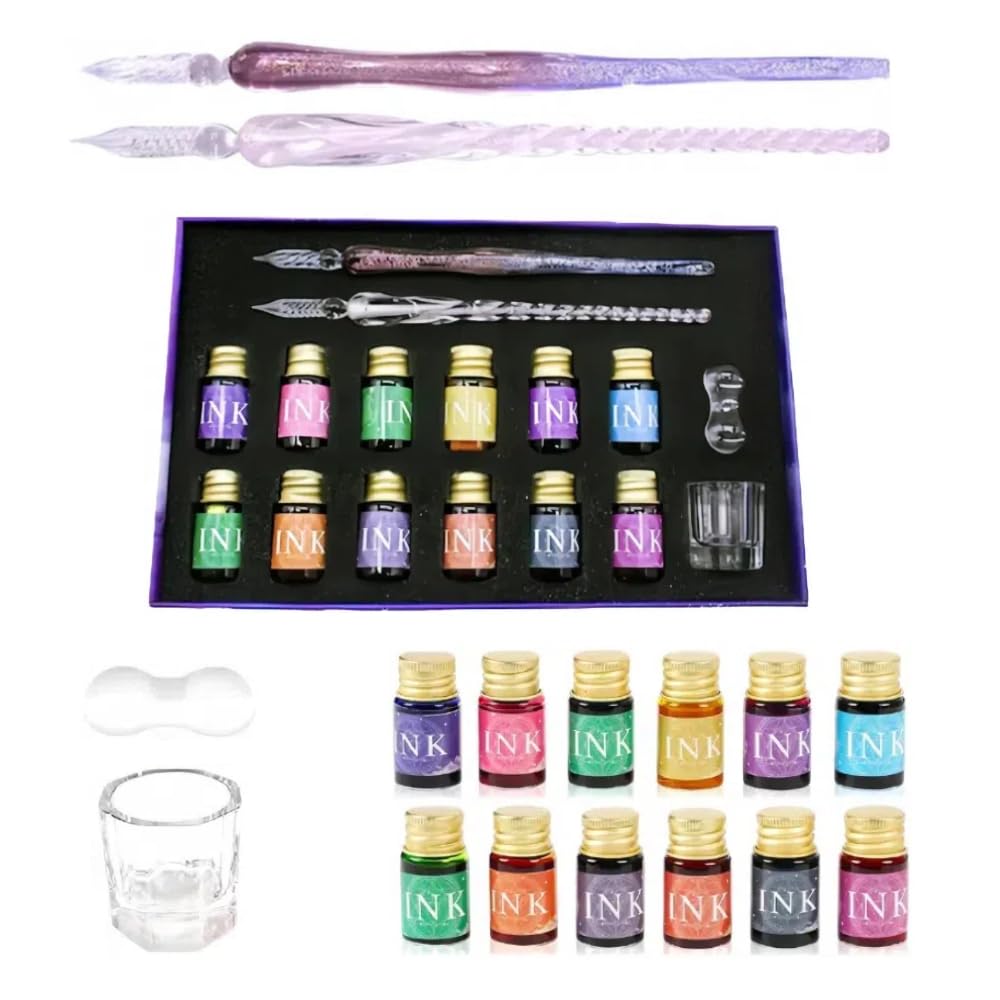 

Набор стеклянных ручек Mebore для начинающих Официальный набор чернил с 12 цветами чернил и 2 стильными и пишущими кистями премиум-класса Стильная и милая стеклянная ручка для макания