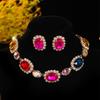 Trendy high-end colored glass rhinestone necklace earrings two sets for women