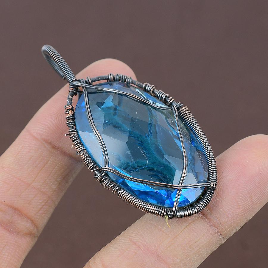 Natural Tree Of Life Swiss Blue Topaz Copper Wire Wrap Pendant 2.48" k4p51