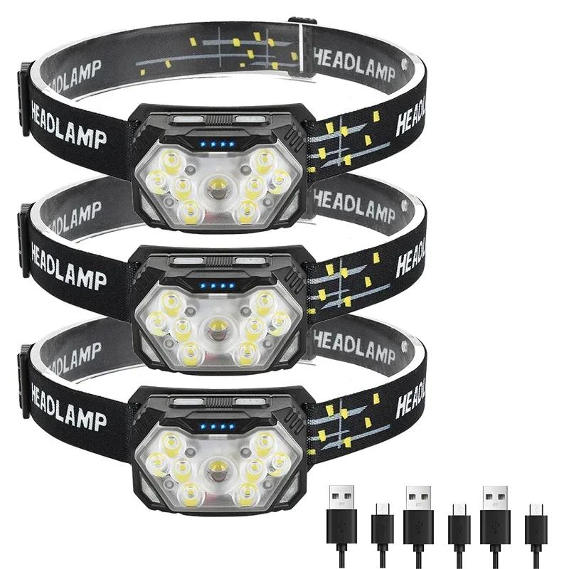 Powerful LED Sensor Headlamp USB Rechageable Headlight Led Head Torch Camping Search Light with Built-in Battery Fishing Lantern