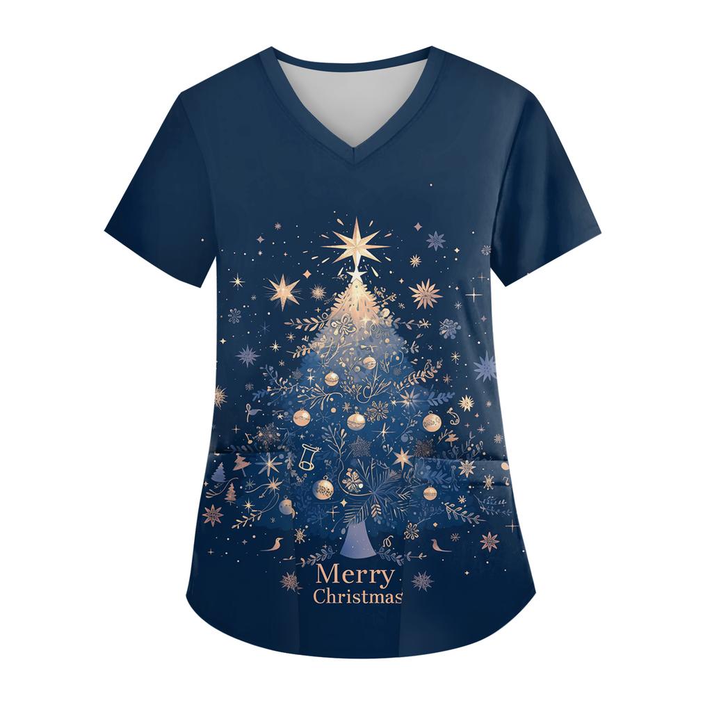 Women's V-neck Christmas Print Short-sleeved Pocket Side Slit Uniform Top