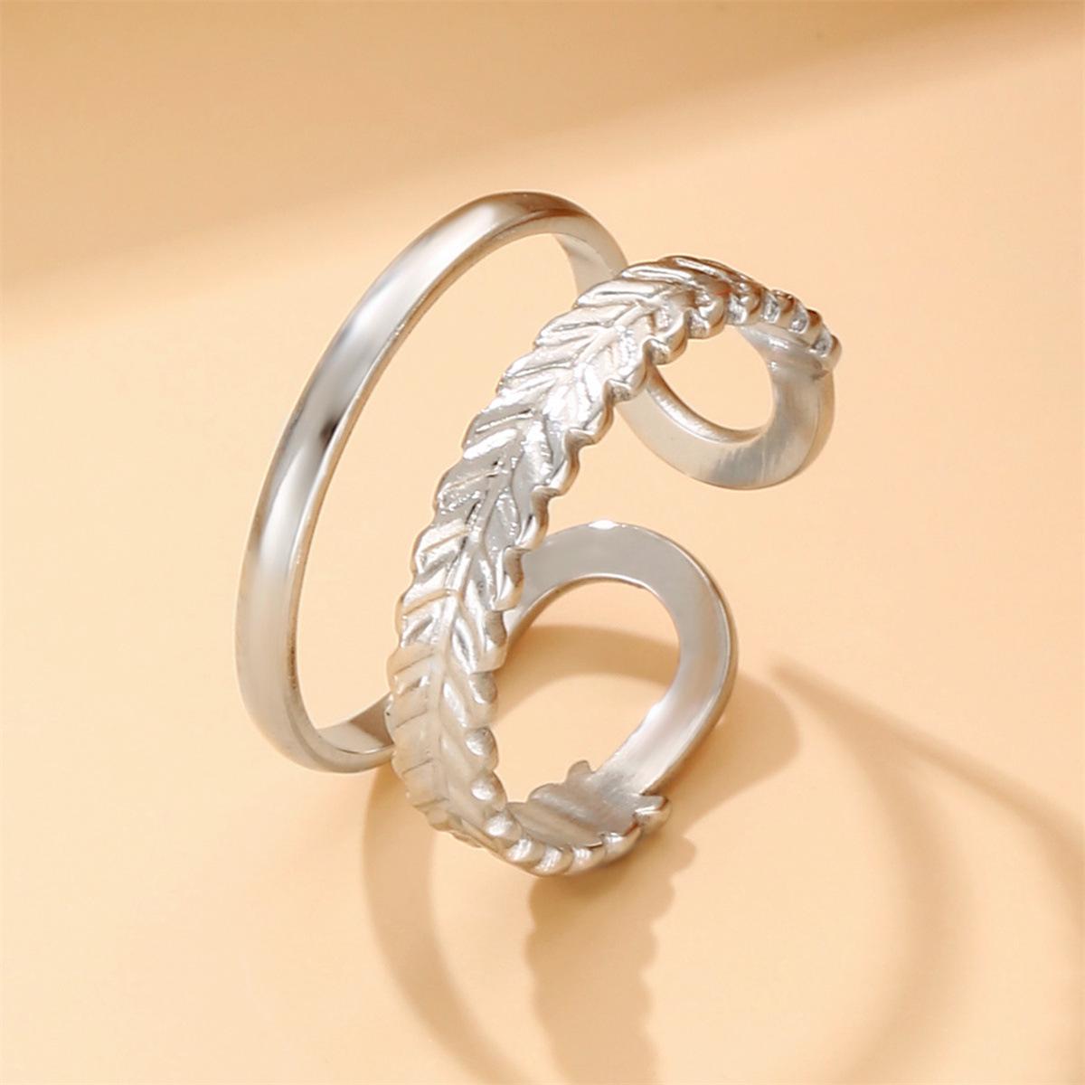 Personalized Double Row Leaf Stainless Steel Adjustable Ring for Women - Internet Celebrity Stacking Style