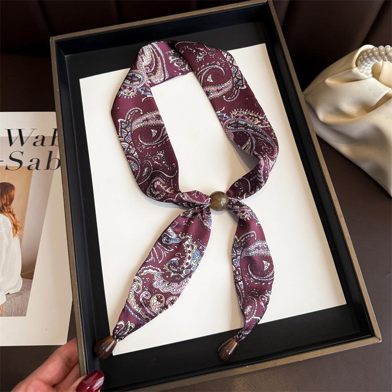 Professional Versatile Simulation Silk Printed Silk Scarf Double-layer Beaded Premium Sense Neck Protection Commuter Strip Decorative Scarf Scarf