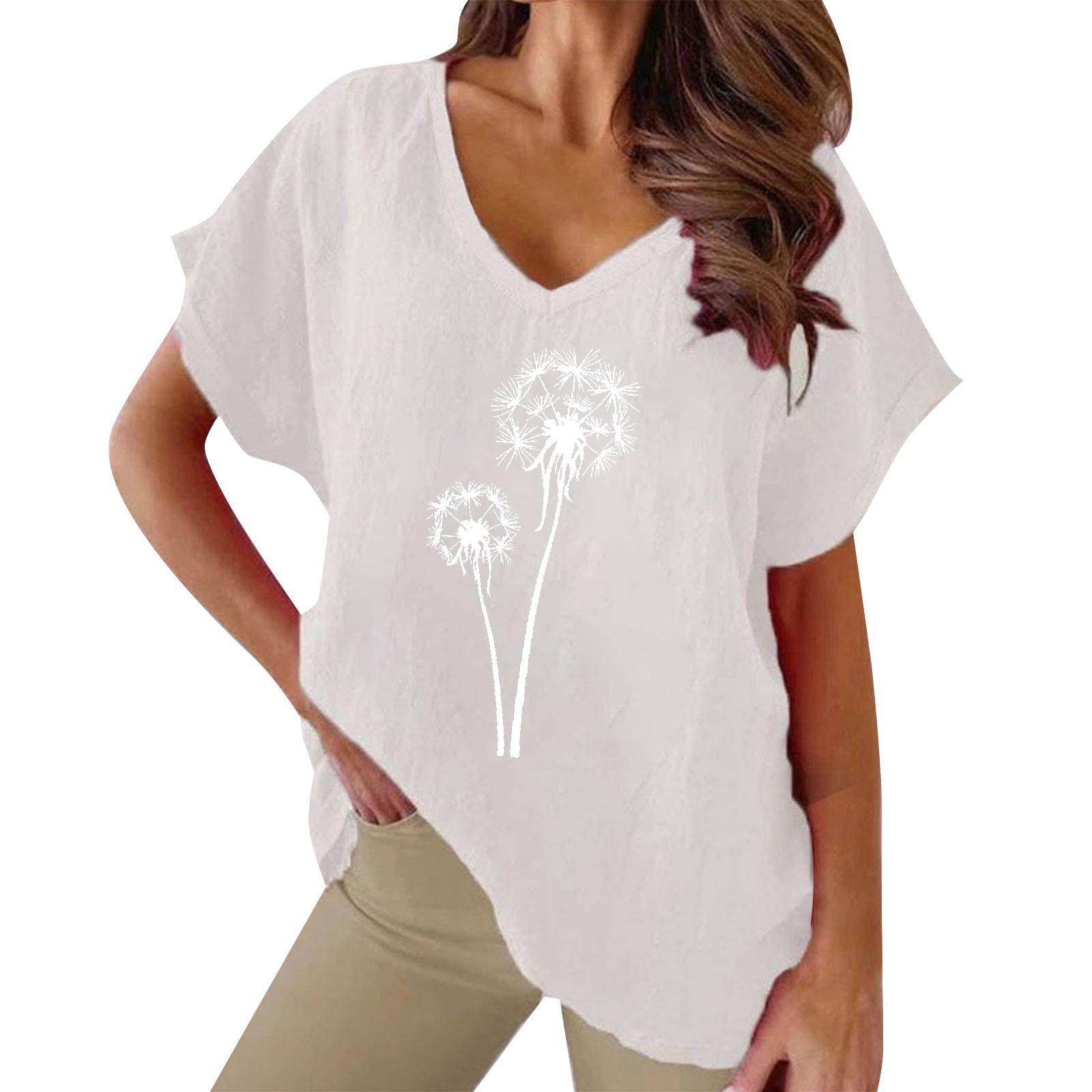 

Топ блузка женская тренд 2025 женская с коротким рукавом и принтом одуванчика V-образный вырез свободная повседневная футболка Ropa De Mujer Ofertas XXXL белый
