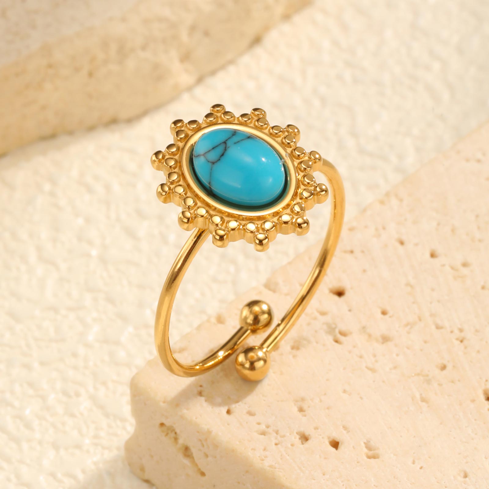 

Unique Natural Stone Ring for Women,Stainless Steel Oval Turquoise Opening Rings,Gold Color Sun Ring Jewelry Gifts
