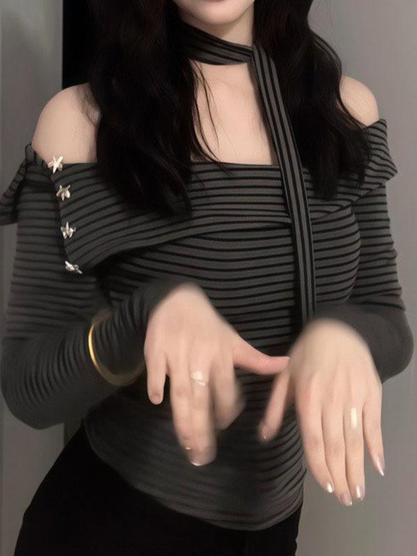 Women's One-Shoulder Black & Gray Striped Slimming Long-Sleeve Top - Autumn Pure Desire Style
