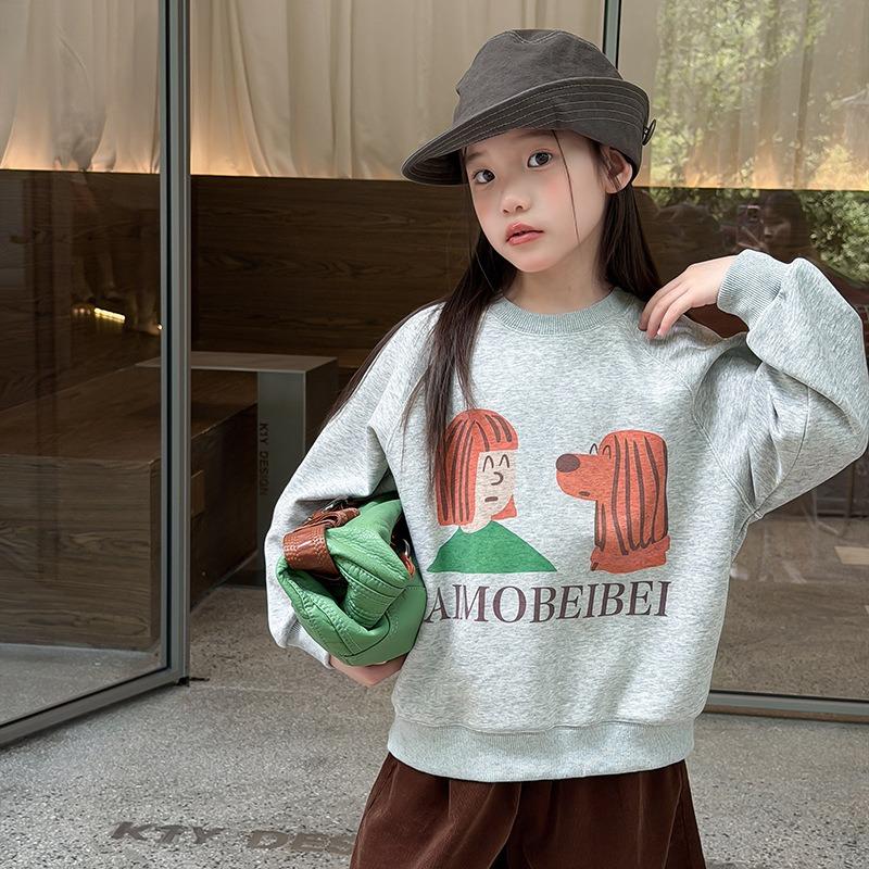 Kids Girls Cute Cartoon Print Casual Loose Round Neck Long Sleeve Pullover Sweatshirt