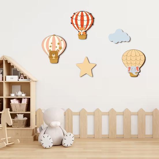 5Pcs/Set Hot Air Balloon Wall Decoration Farmhouse Rustic Wooden Star Cloud Wall Art Home Office Living Room Wall Hanging Ornament