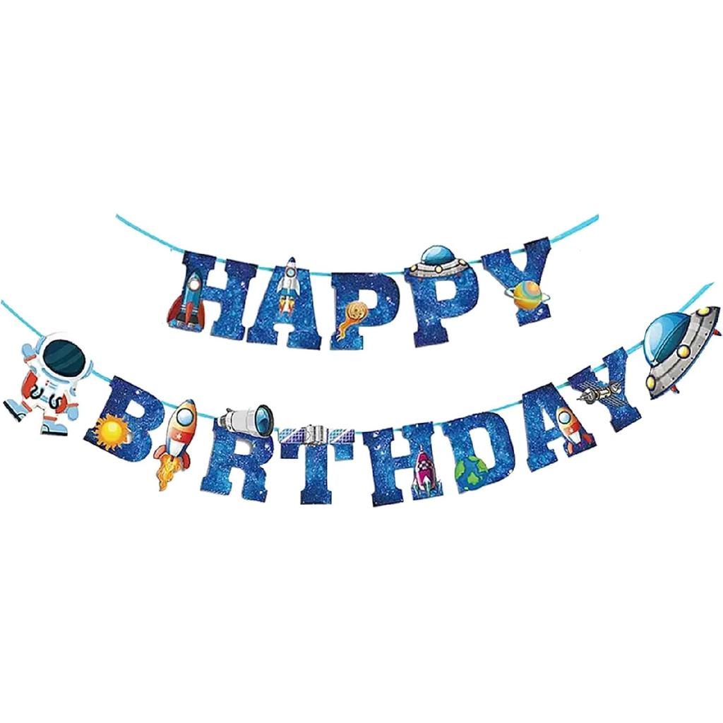 Astronaut Space Ship Happy Birthday Banner,Outer Space Happy Birthday Bunting Boys Birthday Party Banner Decoration Blue