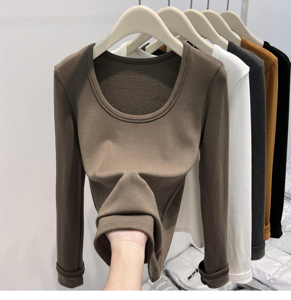 Korean Style Brushed Long-Sleeve T-Shirt for Women - 2025 Autumn/Winter, Collarbones Show Style, Inner Top