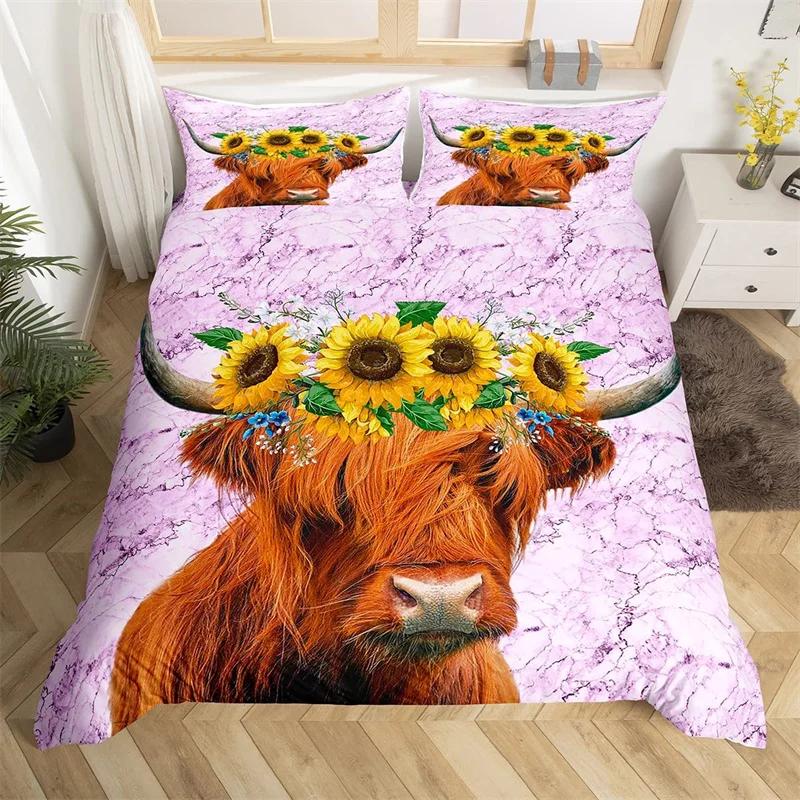 Hochlandrind Bettbezug Bulle Sonnenblume Kuh Bettwäscheset Queen Für Jungen Männer Mikrofaser Wildtiere Bauernhaus Tier Bettdeckenbezug