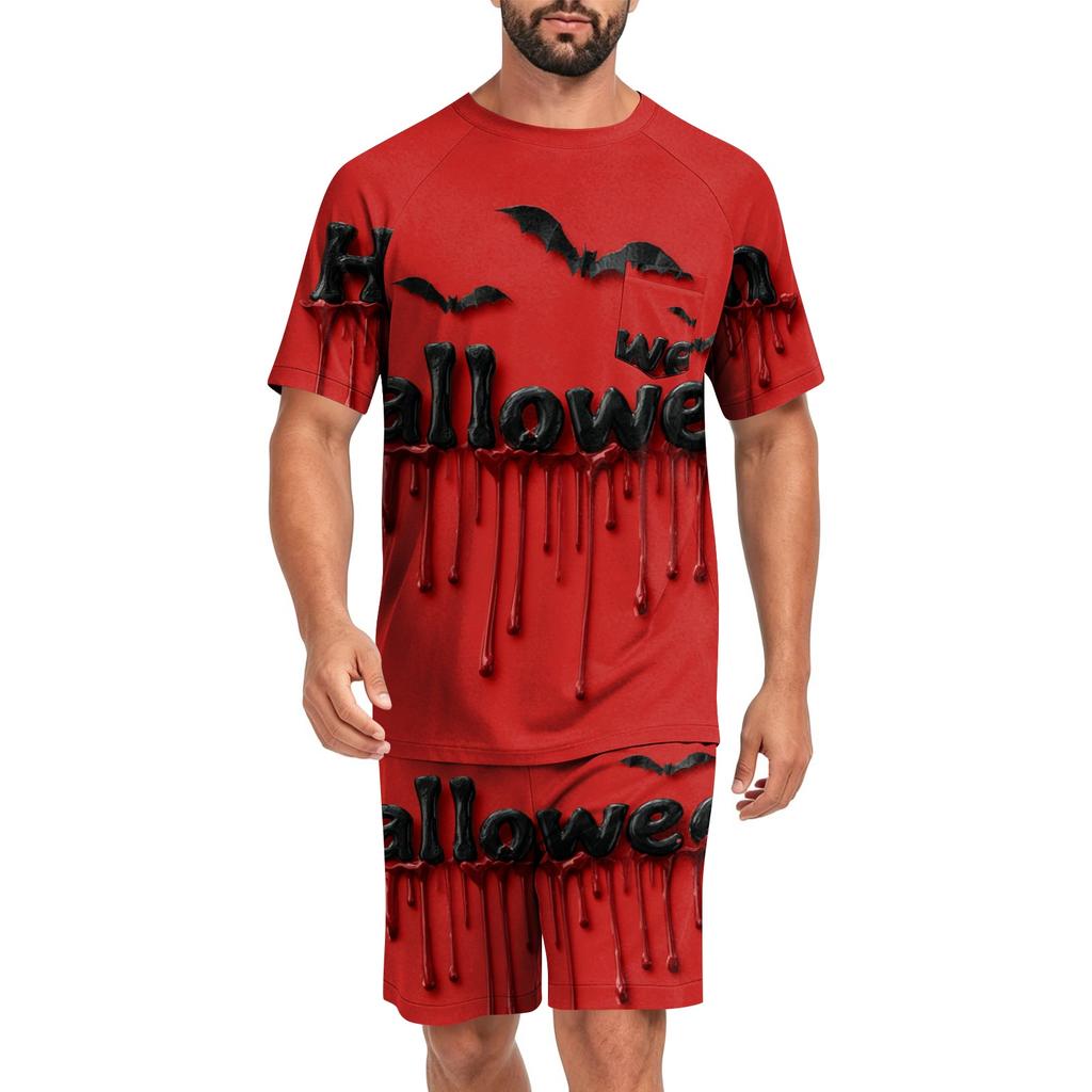 Men's Halloween Casual Pajama Set Short Sleeve Top and Shorts Lightweight Comfortable Sleepwear Set for Home and Lounge