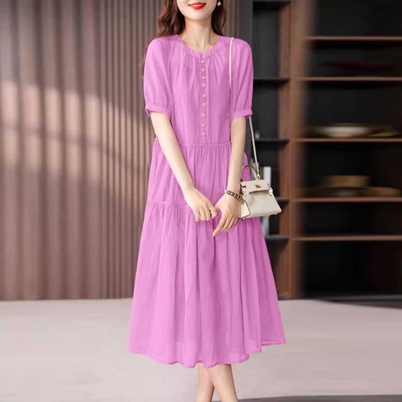 ZANZEA Women Casual Round Neck Solid Color Short Sleeve Long Dress