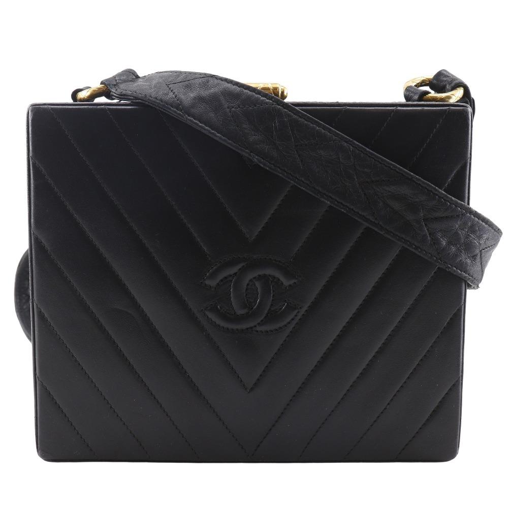 CHANEL Chevron COCO Mark Shoulder Bag V stitch vintage black lambskin Women Used