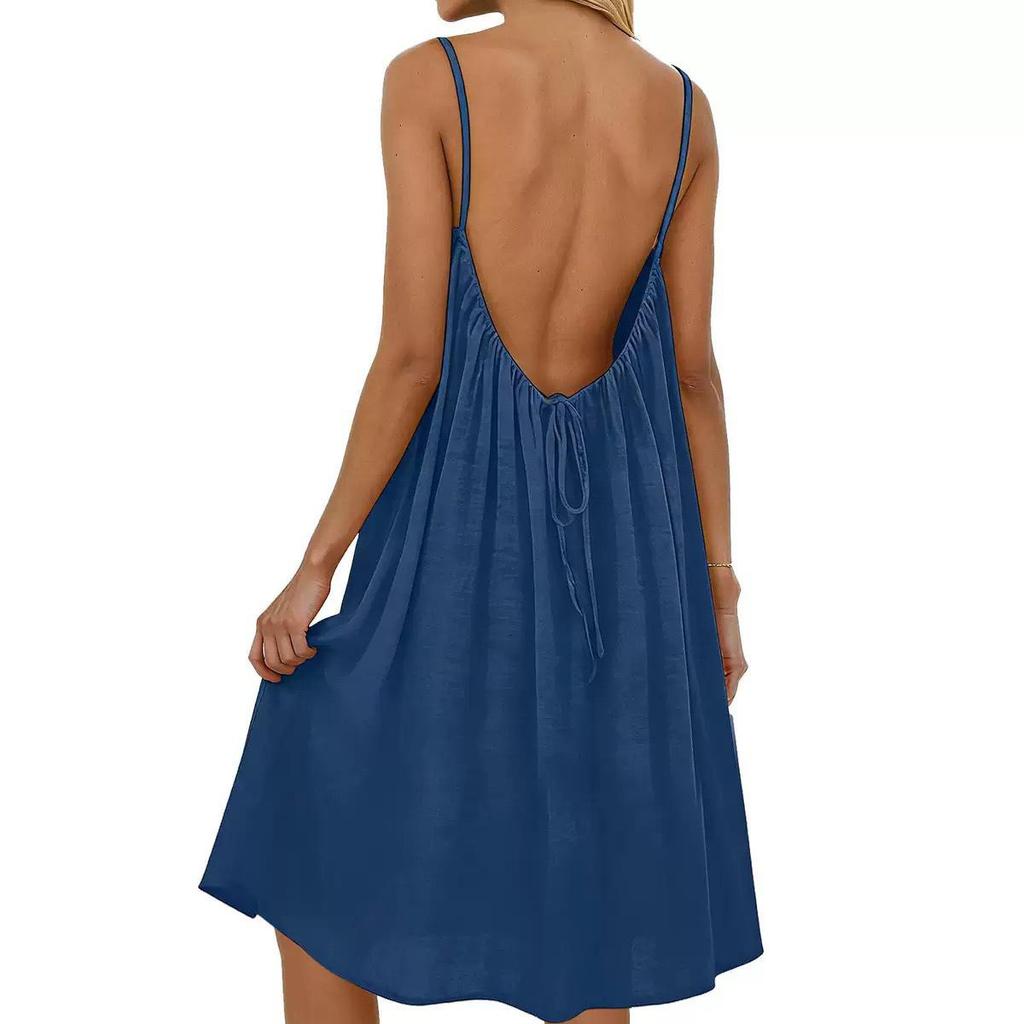 2026 European & American Ice Silk Pleated Drawstring Backless Camisole Mini Skirt Beach Dress for Women