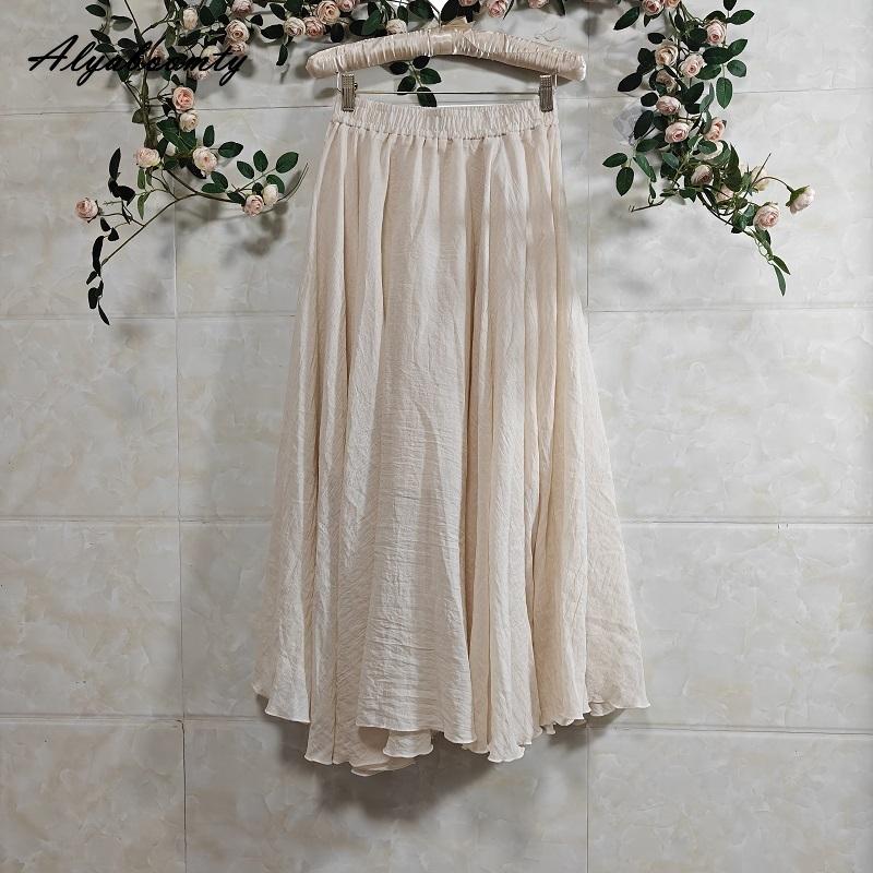 Korean Style Spring Summer Women Solid Basic Skirt Elastic Waist Simple Cotton Linen Skirt Elegant Feminine Ladies' Chic Skirt