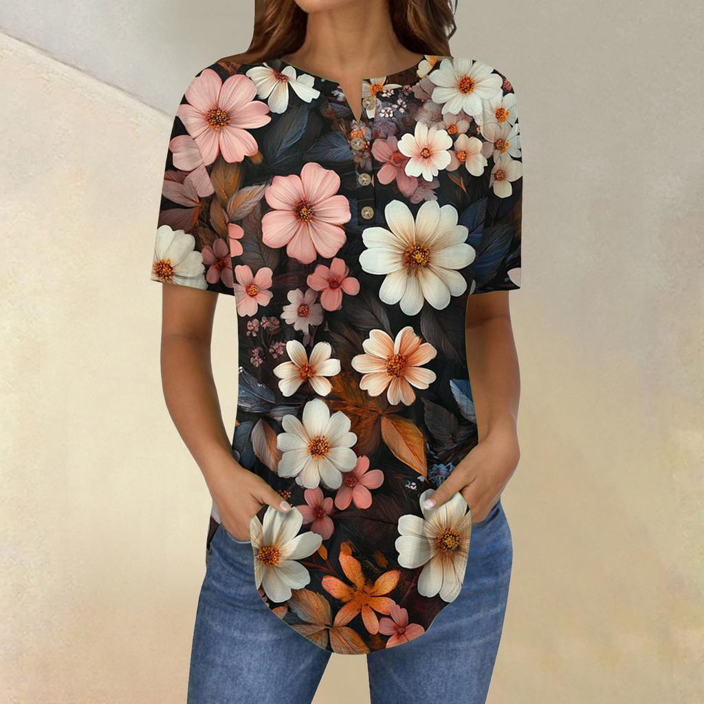 Short Sleeve Womens Tops Summer T-Shirts Floral Print V Neck Casual Basic Tee Button Shirts Tunic Tops