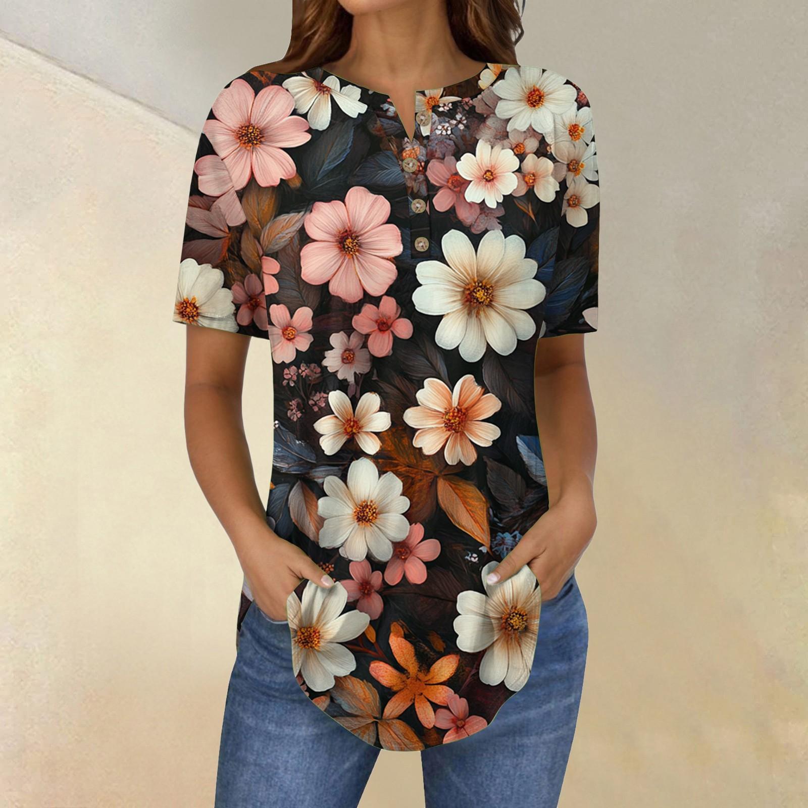 

Short Sleeve Womens Tops Summer T-Shirts Floral Print V Neck Casual Basic Tee Button Shirts Tunic Tops XL винный