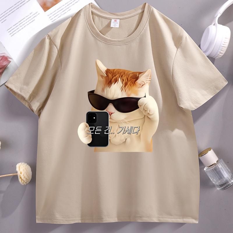 Funnny Cat Selfie T Shirt Korean Letter Print Short Sleeve O Neck Tshirt Casual Round Neck Cotton Tshirt Streetwear Unisex