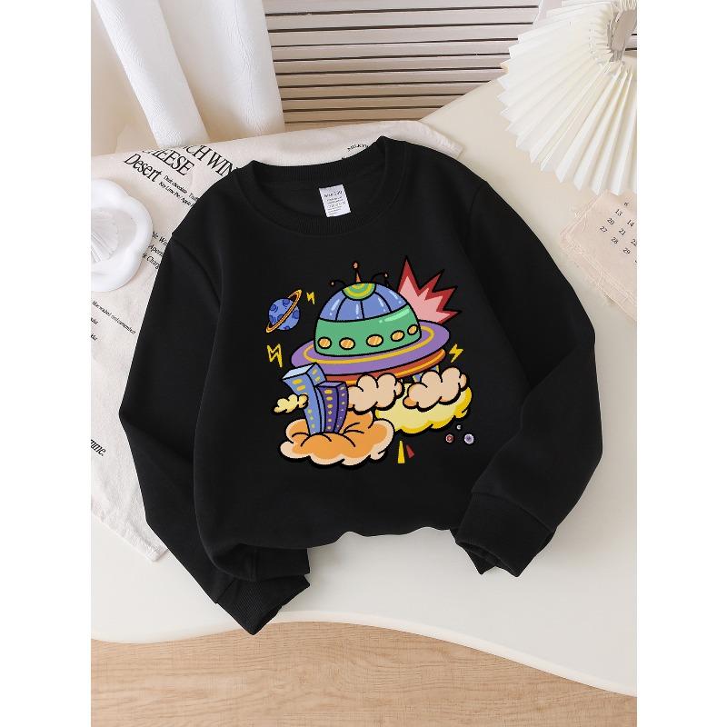 Felpa da Bambino Girocollo | Astronave Colorata Nuvole Pianeta, Lavabile in Lavatrice, Primavera e Autunno, Abbigliamento Sportivo e Casual