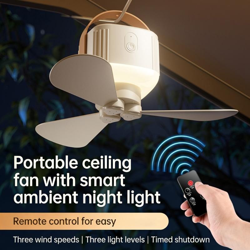 Remote Control USB Mini Ceiling Fan With LED Light 3 Speed Portable Hanging Fan For Camping Tent Outdoor Emergency