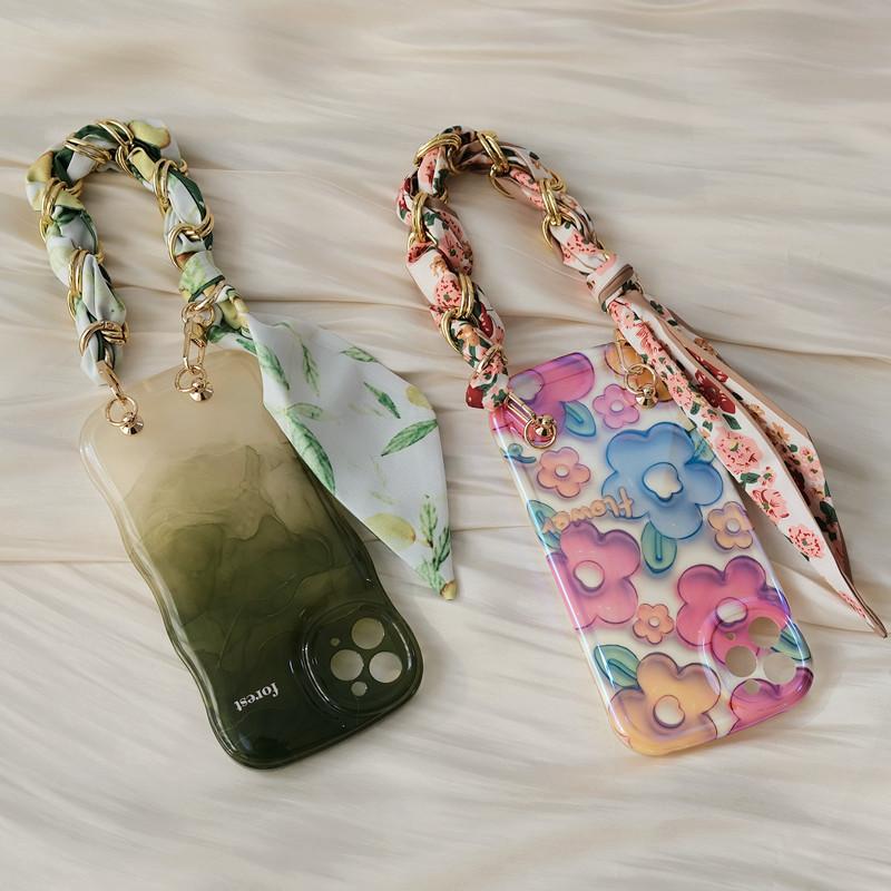 Nové příslušenství k telefonu Řetízek k mobilu Hedvábný přívěsek Univerzální květinový potisk Krk Crossbody Řemínek na chytrý telefon Řetízky na telefon