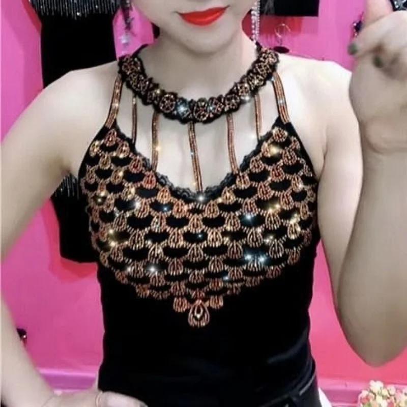 Rhinestones Inlaid Camisole Women Sexy Elastic Fashion Colorful Pattern Autumn Winter Warm High Quality All-Match Vest New