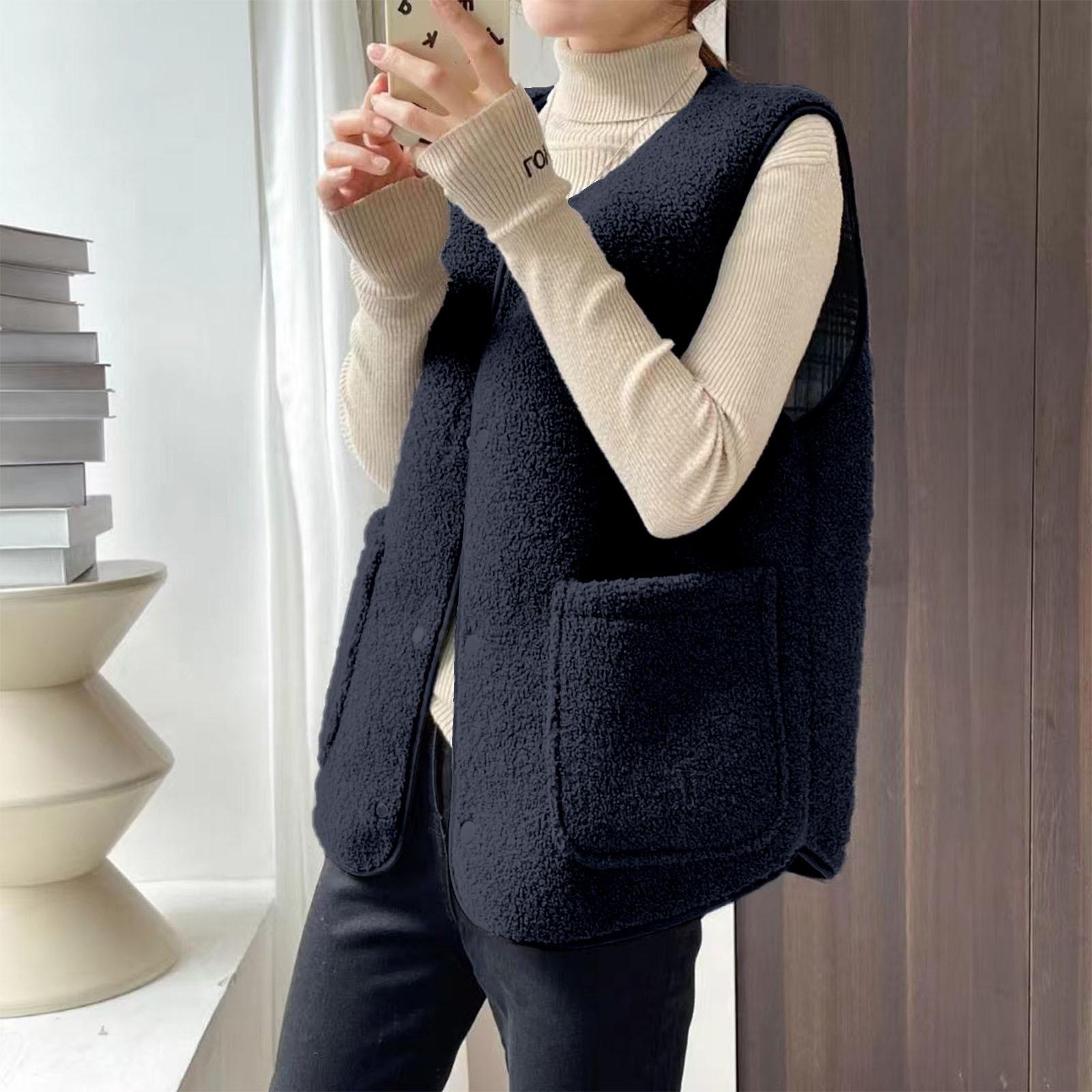 

Женский и зимний жилет из искусственной овечьей шерсти в клетку, жилет с круглым вырезом, двусторонний жилет из зернистого флиса XXL тёмно-синий