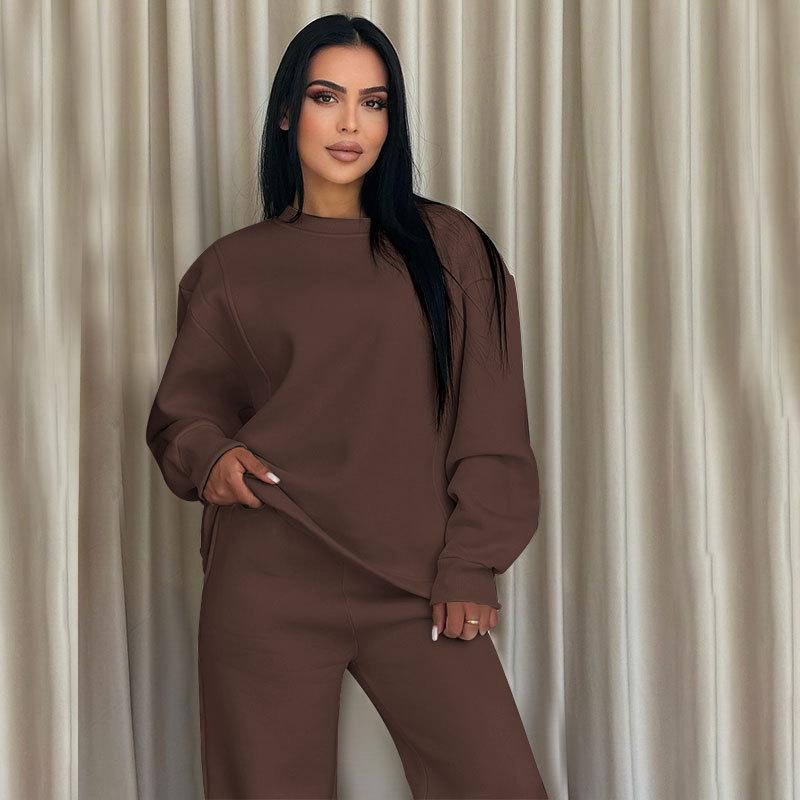 2024 podzim a zima nové jednobarevné kulatý výstřih s dlouhým rukávem volné dámské oblečení módní ležérní sada širokých kalhot