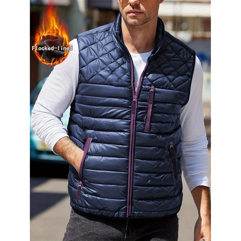 Men's Solid Color Fleece-lined Zip-up Vest, Stand Collar, Sleeveless, Outdoor Casual Warm Vest Jacket