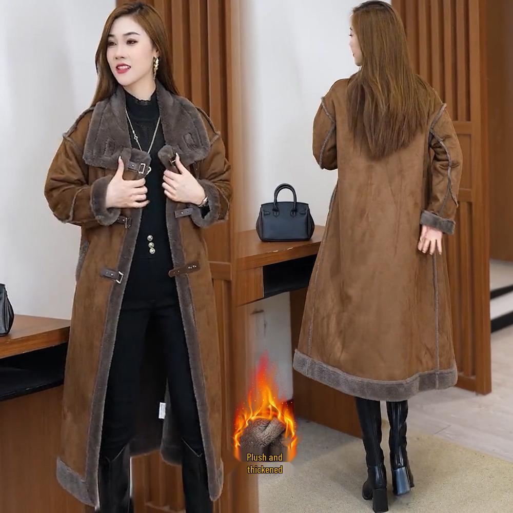 

Женская зимняя замшевая куртка оверсайз с мехом до колена на флисовой подкладке 2024 L [130-160 cm]