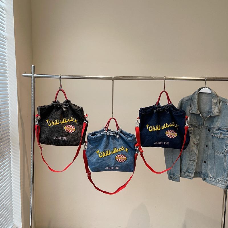 Tote Bag Women's Autumn and Winter New Vintage Design Denim Handbag Student Large Capacity Embroidered Letter Crossbody Bag