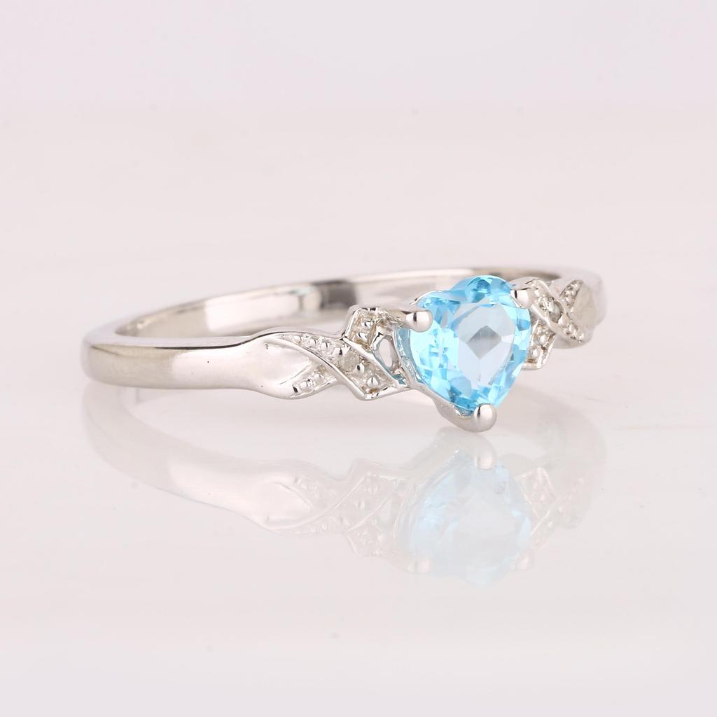 925 Sterling Silver Swiss Blue Topaz Heart Ring Diamond Accent Rhodium Plated Women Jewelry Size 8.75