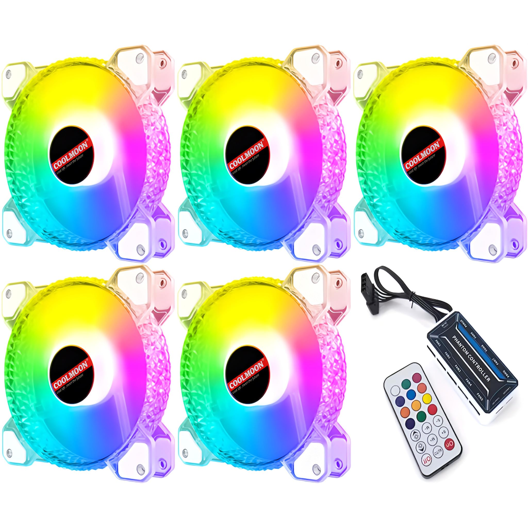 

COOLMOON Crystal PC Case Fan Set of 5 120mm LED ARGB 6pin Fan Hub with Remote Color Rotation Speed Changeable [Small Lab] Controller, Control,