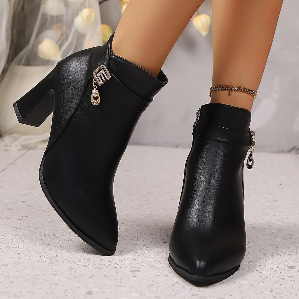 Europeiska och amerikanska högklackade korta stövletter, nya tjockklackade damläderstövlar för utrikeshandel höst och vinter 2025, medelålders stor-si