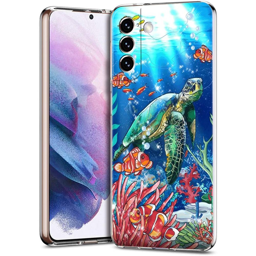 Phone Case For Samsung S24 Ultra S23 FE S22 S20 S21 5G S10 S9 Plus S10E S8 Soft Clear lovely Cartoon sea turtle ocean blue Cover