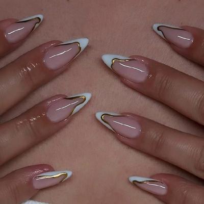 1 Set Almond Full Cover Stick On Nails Detachable Press On Nails Almond False Nails French Tip Artificial Nails for Girl