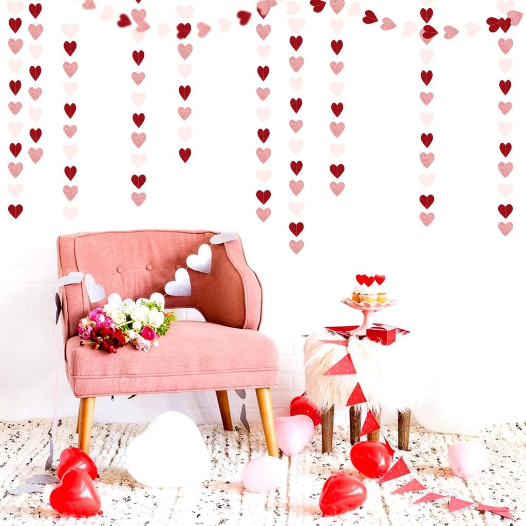 Rose-Gold Pink Burgundy-Red Party-Decorations Garland - 52Ft Heart Paper Streamers Banner, Valentines Mothers Day Bachelorette Bridal Shower