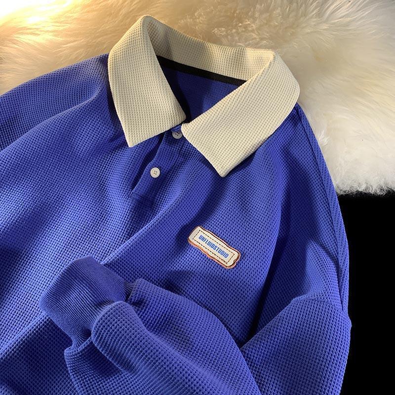 Men's Japanese Oversized Navy Blue Lapel Polo Shirt - Long-Sleeved, Lightweight Summer Sweater, Unisex Design