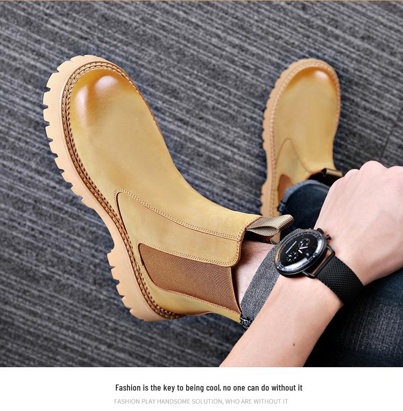 Men's High-Top Genuine Leather Martin Boots - Yellow, Thick Sole, Lightweight, Elastic Slip-On, Warm, Casual Work Boots for Autumn and Winter.