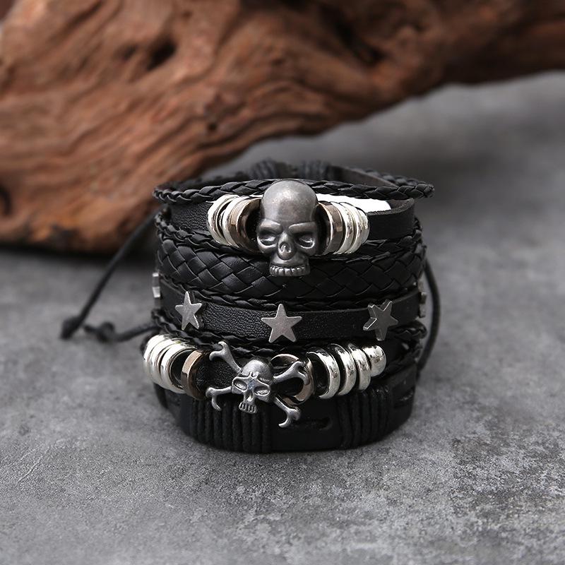 

Retro Handmade Multi-Layer Skull Leather Bracelet Set - 5 Pieces
