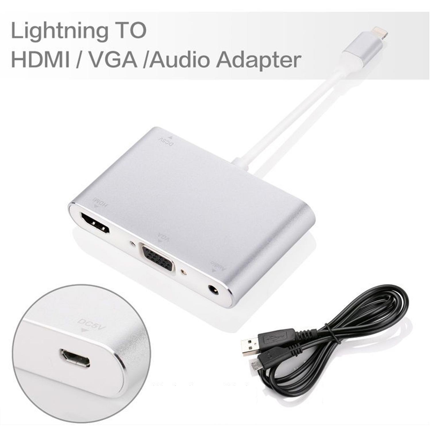 

Lightning 8 Pin Male to HDMI+VGA+Audio Female Cable Adapter for iPhone X/8P/8/7 /7 Plus Etc. White